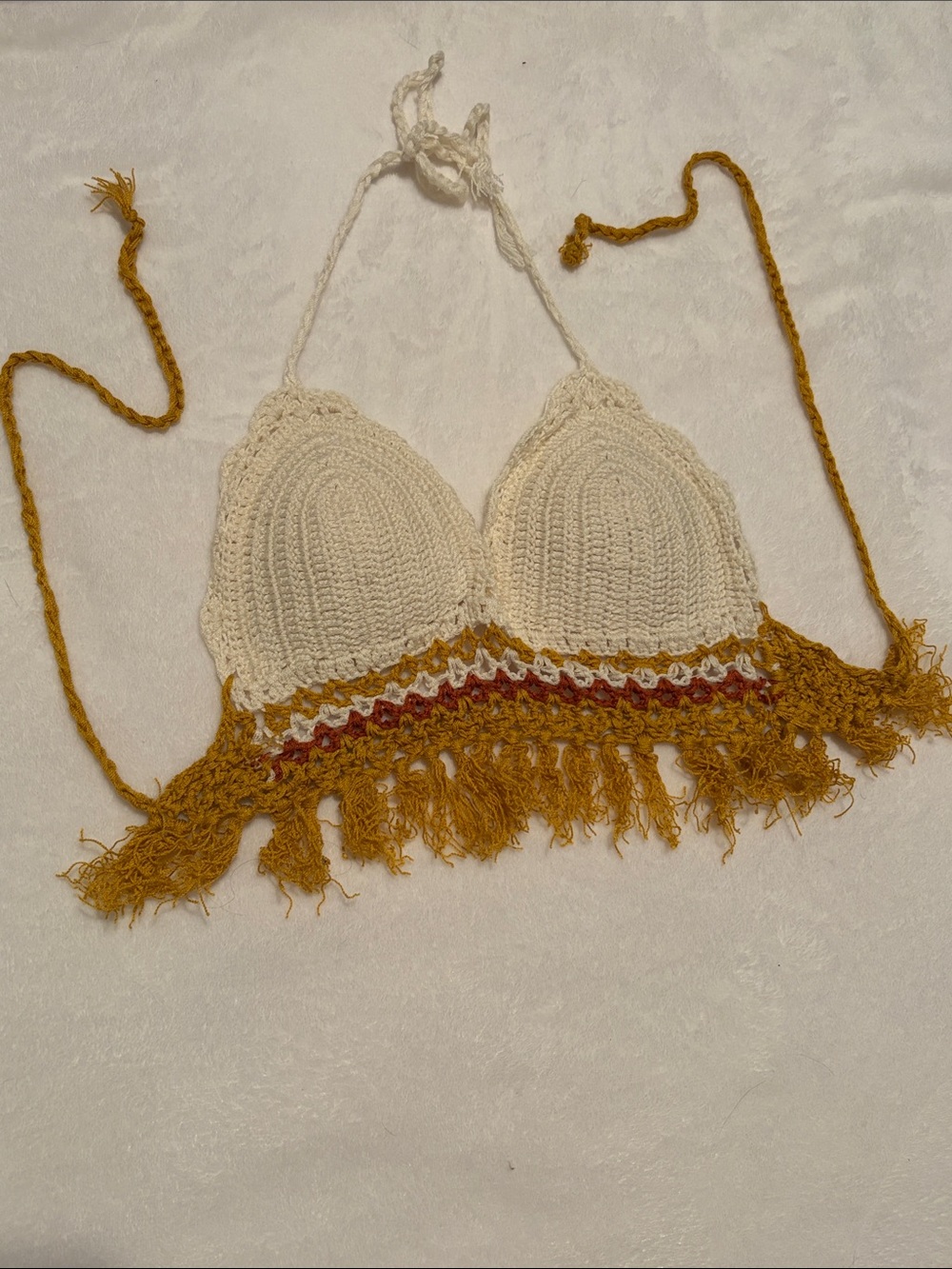 Handmade Crochet Fringe Bralette - Cream & Mustard